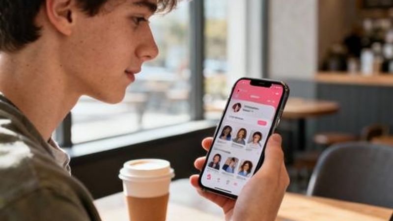 Young person using dating app on smartphone with coffee shop background