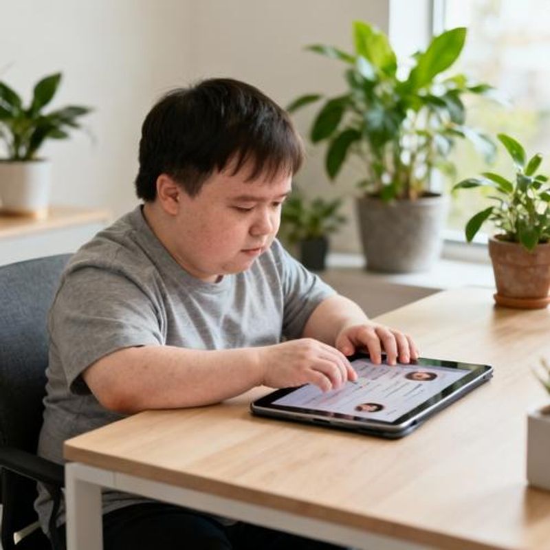 Person with Down syndrome creating an attractive dating profile on their tablet
