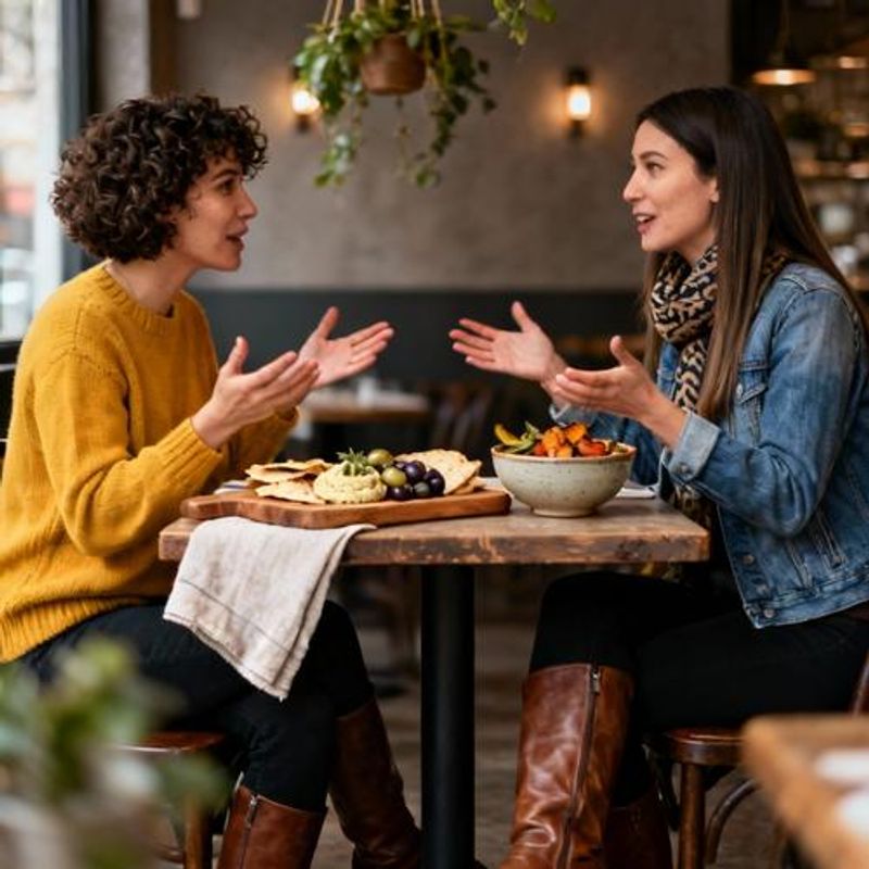 Two women having an intimate conversation at a cozy restaurant