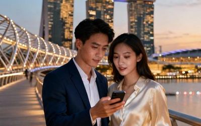 Young professionals using dating apps in Singapore's modern cityscape
