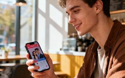 Young professional using smartphone with dating app interface in modern coffee shop