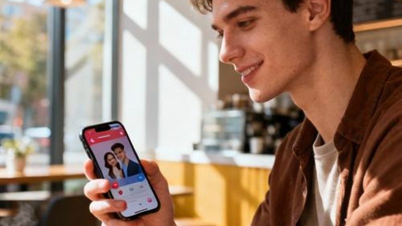 Young professional using smartphone with dating app interface in modern coffee shop