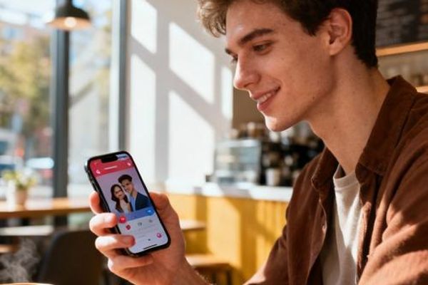 Young professional using smartphone with dating app interface in modern coffee shop