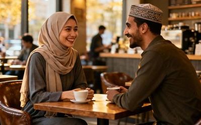Young Muslim couple having coffee conversation in modern café