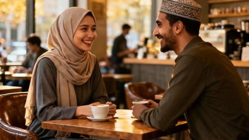 Young Muslim couple having coffee conversation in modern café