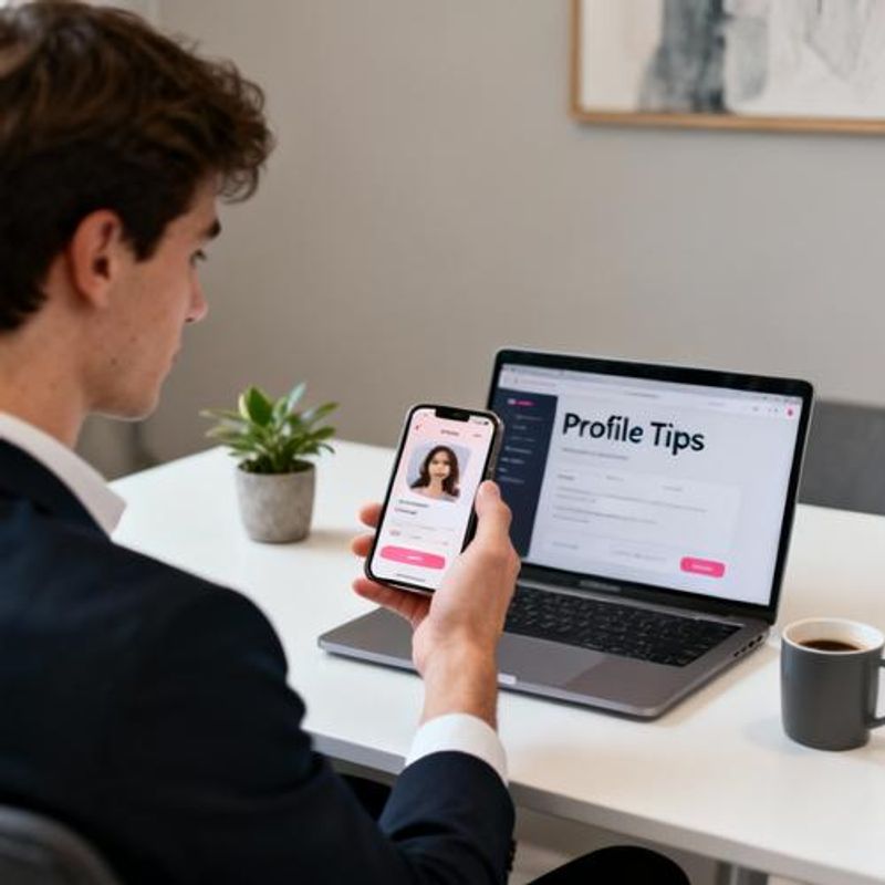 Person creating an optimized dating profile on smartphone with laptop nearby