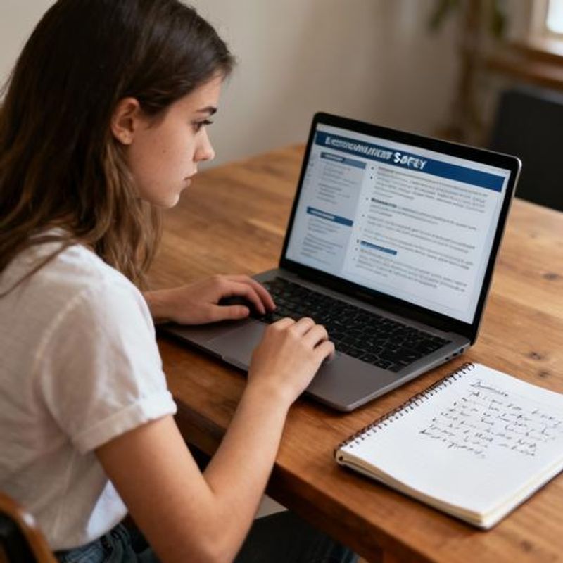 Young woman reading dating app safety tips on her laptop