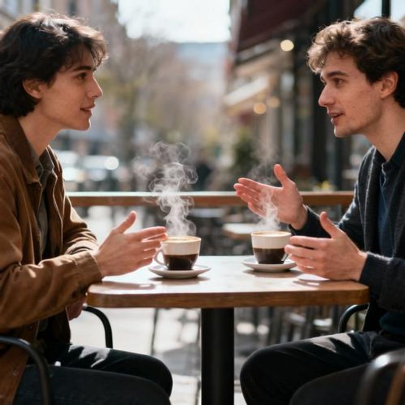 Two people meeting for coffee date looking comfortable and engaged