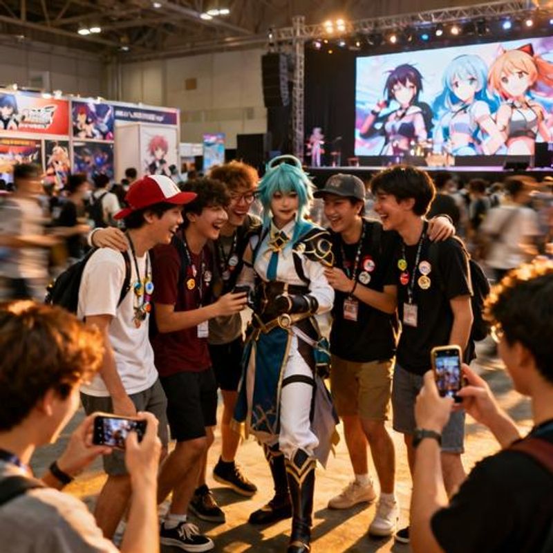 Diverse group of young adults socializing at gaming convention