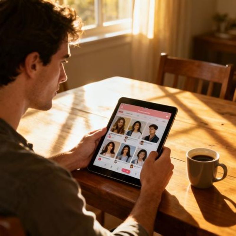 Person reviewing dating profiles on tablet with coffee nearby