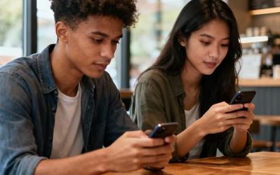 Young adults looking at their phones in a cafe setting