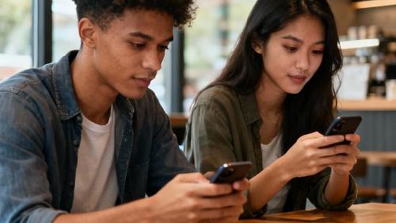 Young adults looking at their phones in a cafe setting