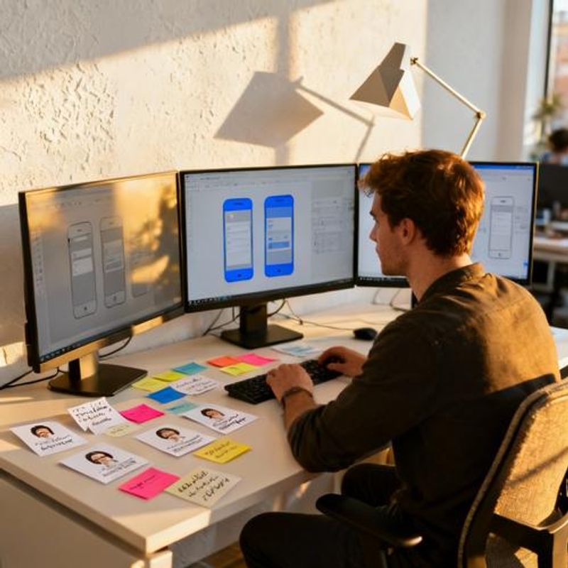 Developer working on dating app wireframes with user personas on the desk