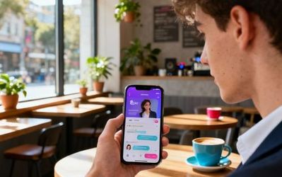 Person using smartphone with dating app interface on screen, modern coffee shop setting