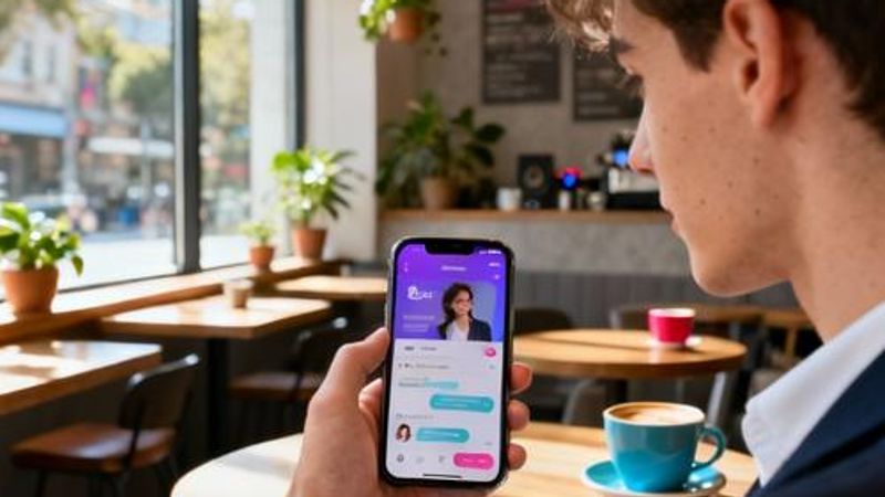 Person using smartphone with dating app interface on screen, modern coffee shop setting
