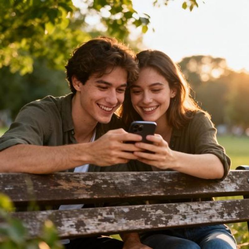 Happy couple looking at phone together, representing successful dating app connections