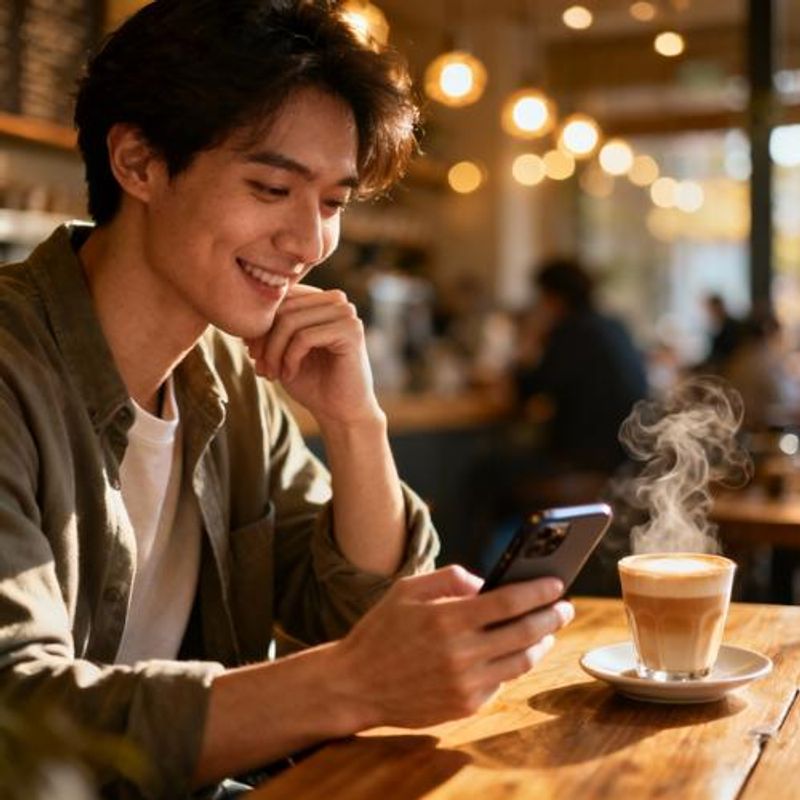 Person thoughtfully using smartphone while sitting in cozy coffee shop, representing modern digital dating
