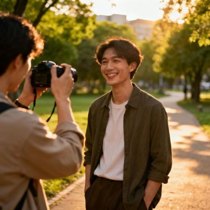 Person taking photos for dating profile outdoors