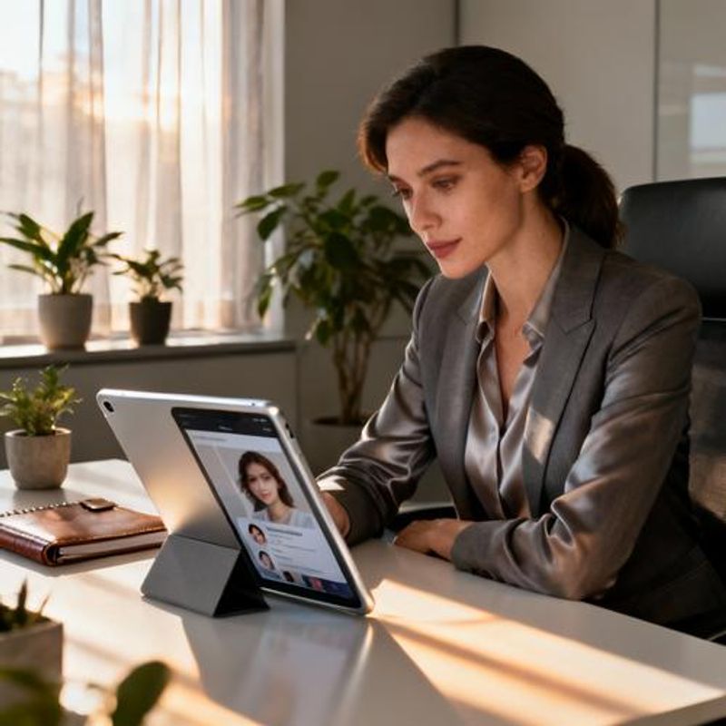 Professional woman reviewing dating profile on tablet in office setting