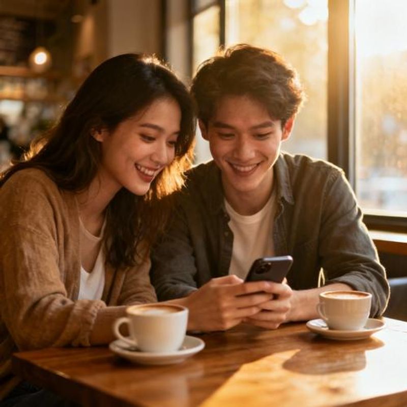 Couple having coffee at a cafe while looking at a dating app on their phone together