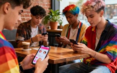 Young diverse LGBTQ+ singles using Taimi dating app on their smartphones in a modern coffee shop
