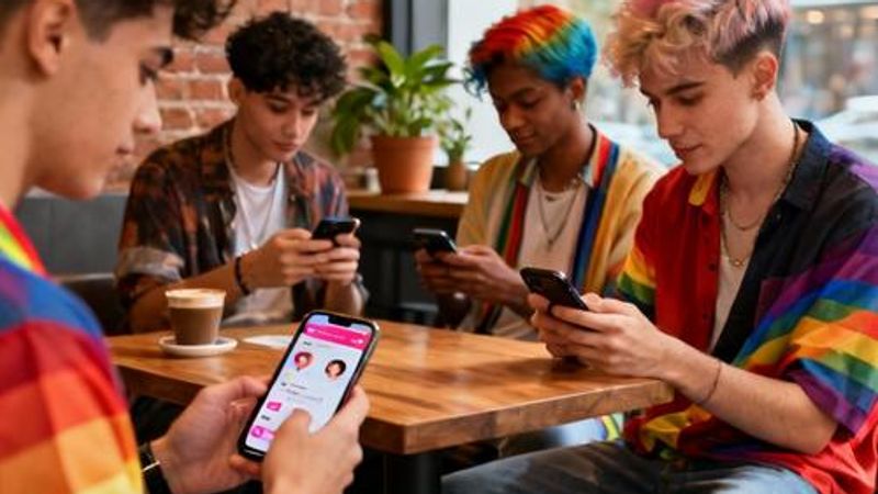 Young diverse LGBTQ+ singles using Taimi dating app on their smartphones in a modern coffee shop