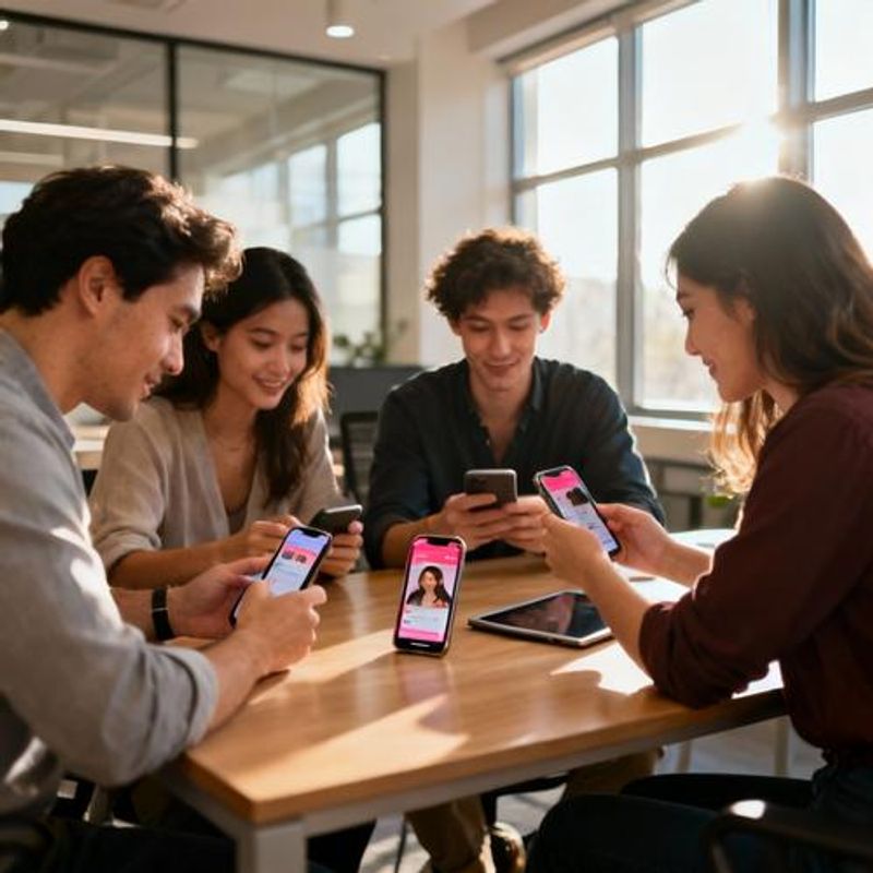 Team testing dating app on multiple devices in office setting