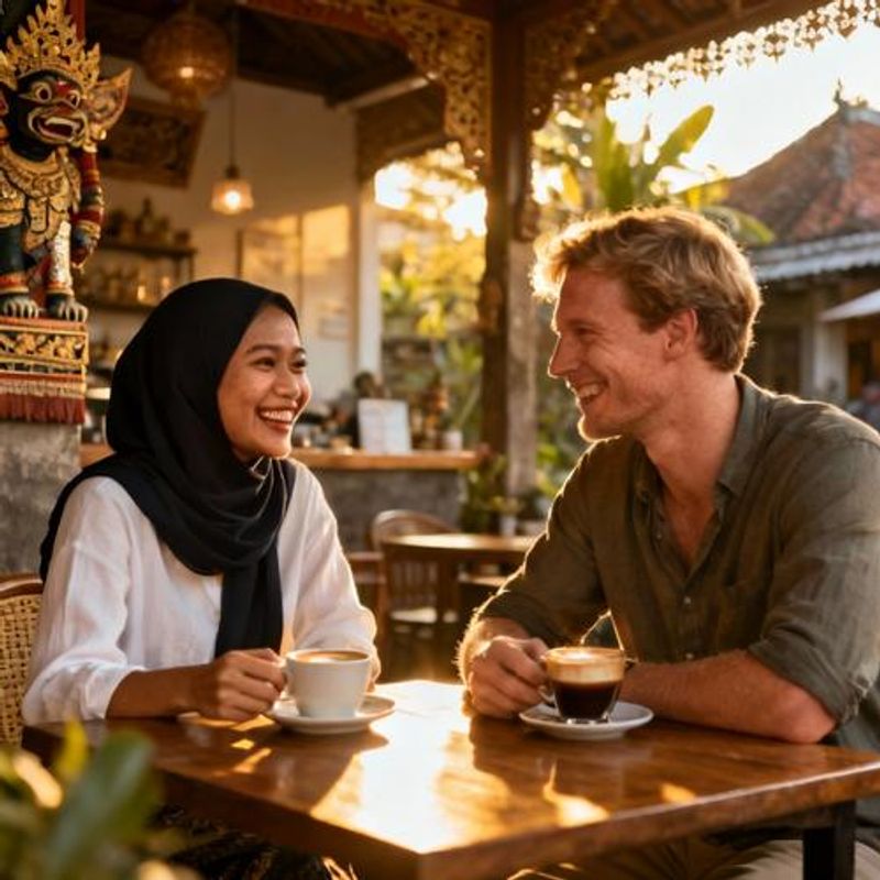 Indonesian woman and Western man having coffee date in Bali cafe