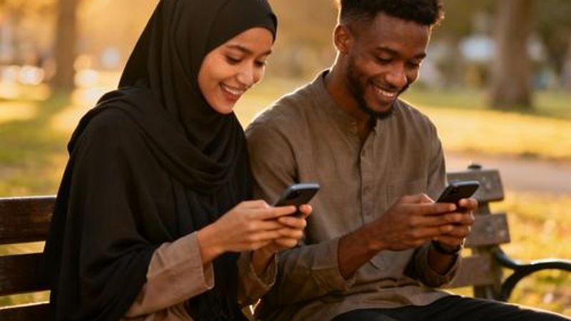 Young Muslim couple sitting together in a peaceful garden setting, both looking at their smartphones with gentle smiles