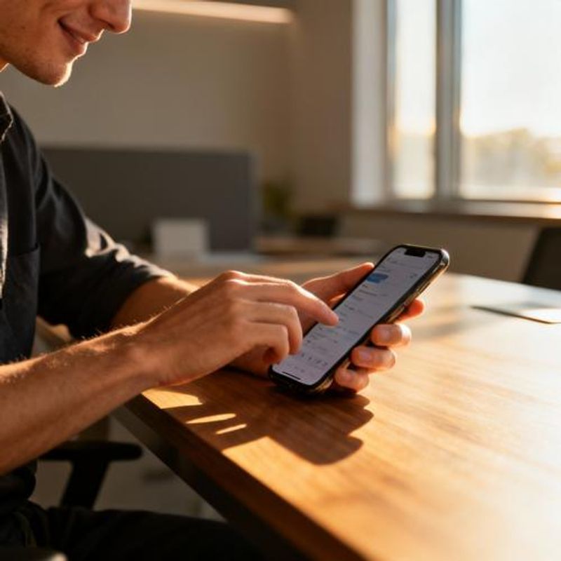 Person typing thoughtfully on their phone with a smile