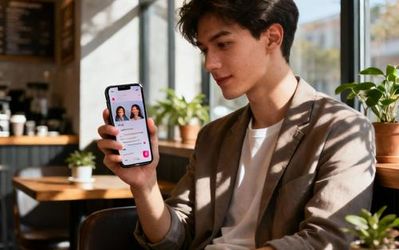 Young professional using dating app on smartphone in modern coffee shop
