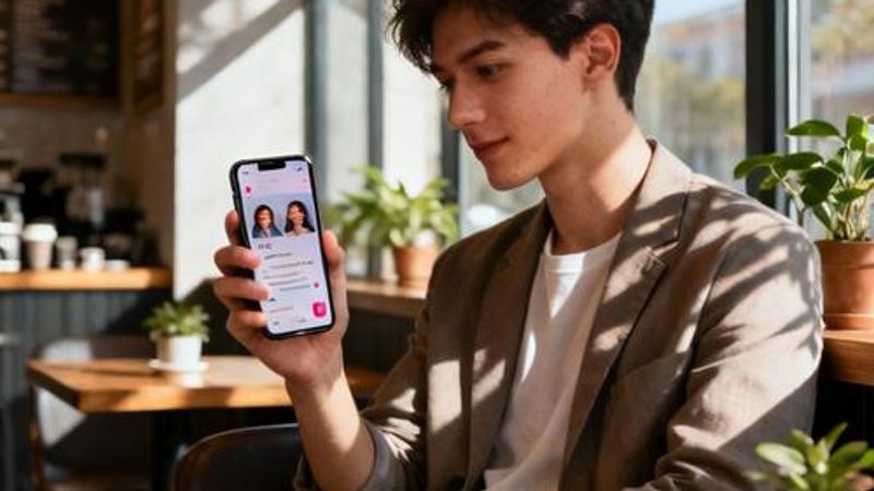 Young professional using dating app on smartphone in modern coffee shop