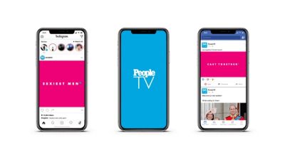 PeopleTV iPhone screens with logo and social posts