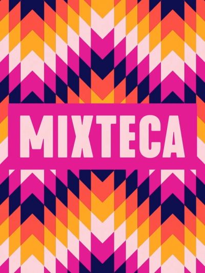 Mixteca logo over colorful geometric Mexican pattern