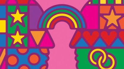 MGM Resorts Universal Love campaign image of two colorful illustrated graphic faces connected by a rainbow