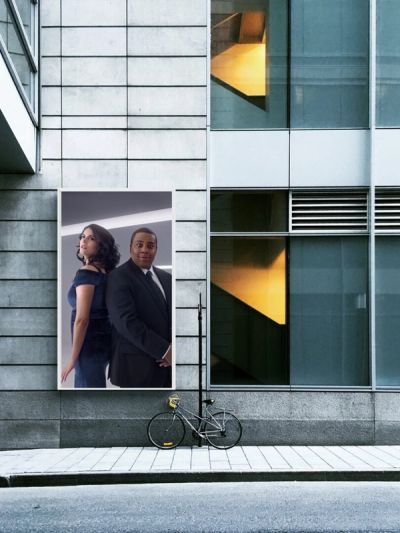 NBC Universal Upfront campaign digital billboard of SNL stars Cecily Strong and Kenan Thompson