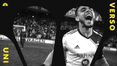 NBC Universo logo graphics over black and white photo of excited soccer player