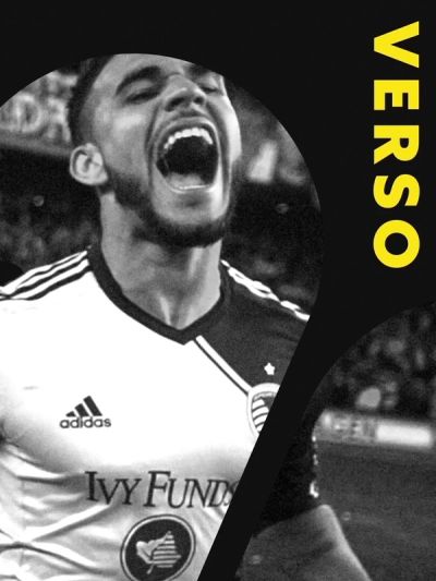 NBC Universo logo graphics over black and white photo of excited soccer player