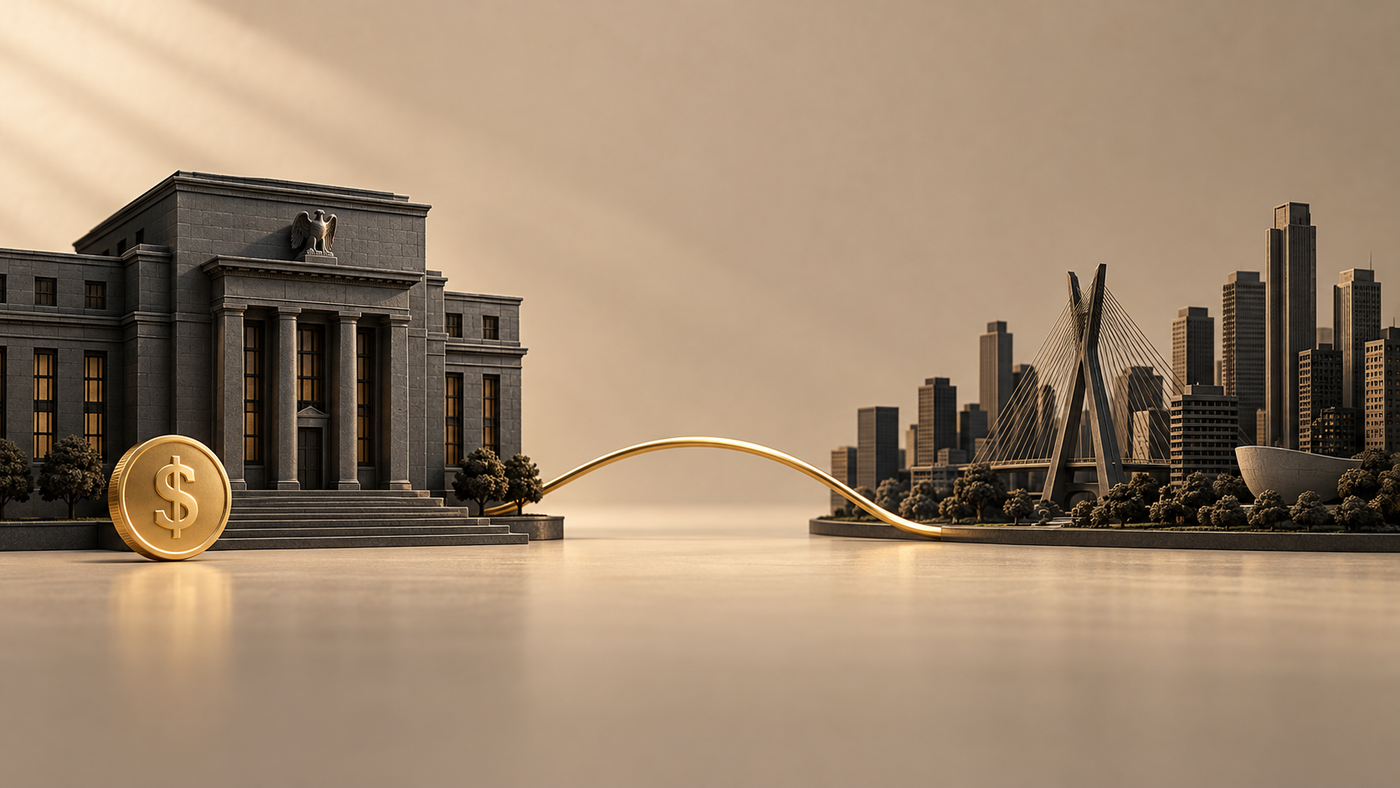 Ilustração de banco central americano e cidade brasileira ligados por uma linha dourada, ao lado de uma moeda com símbolo de dólar.