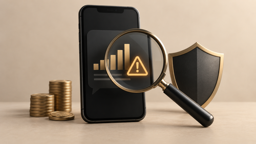 Celular com gráfico e sinal de alerta observado por uma lupa, ao lado de moedas e um escudo, em tons de preto, bege e dourado.