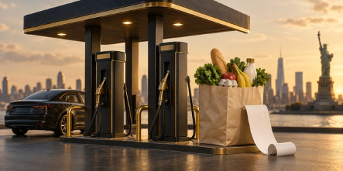 Ilustração de bombas de combustível e sacola de compras diante de uma paisagem urbana americana com a Estátua da Liberdade.