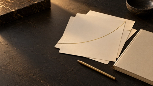 Papéis claros e um caderno sobre mesa escura, atravessados por uma linha dourada