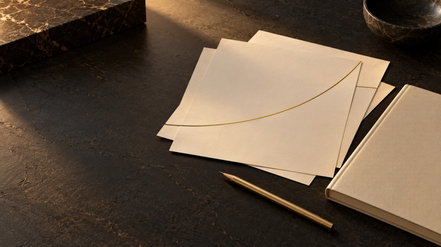 Papéis claros e um caderno sobre mesa escura, atravessados por uma linha dourada