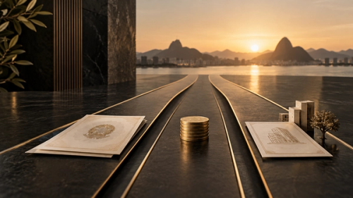 Três caminhos dourados sobre uma superfície escura representam alternativas de renda fixa.