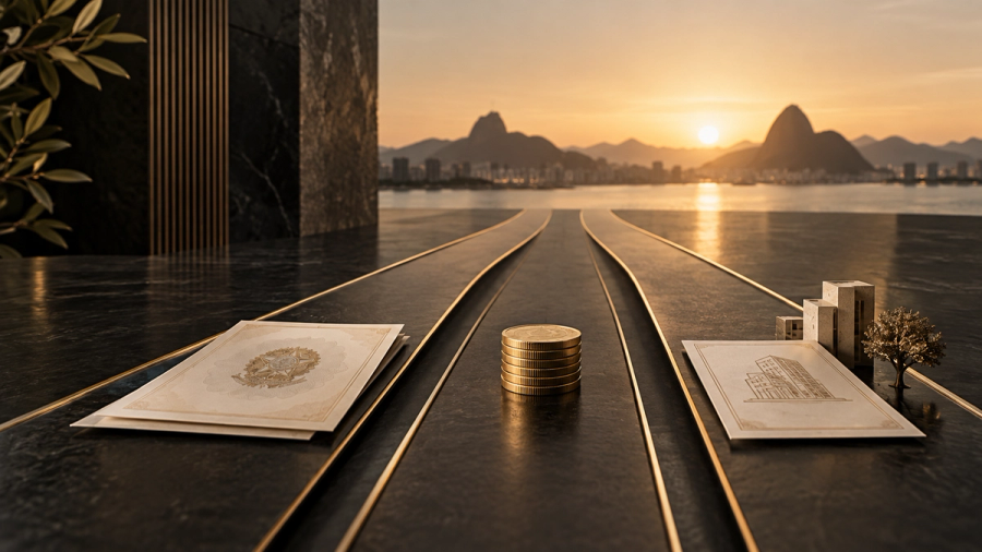 Três caminhos dourados sobre uma superfície escura representam alternativas de renda fixa.