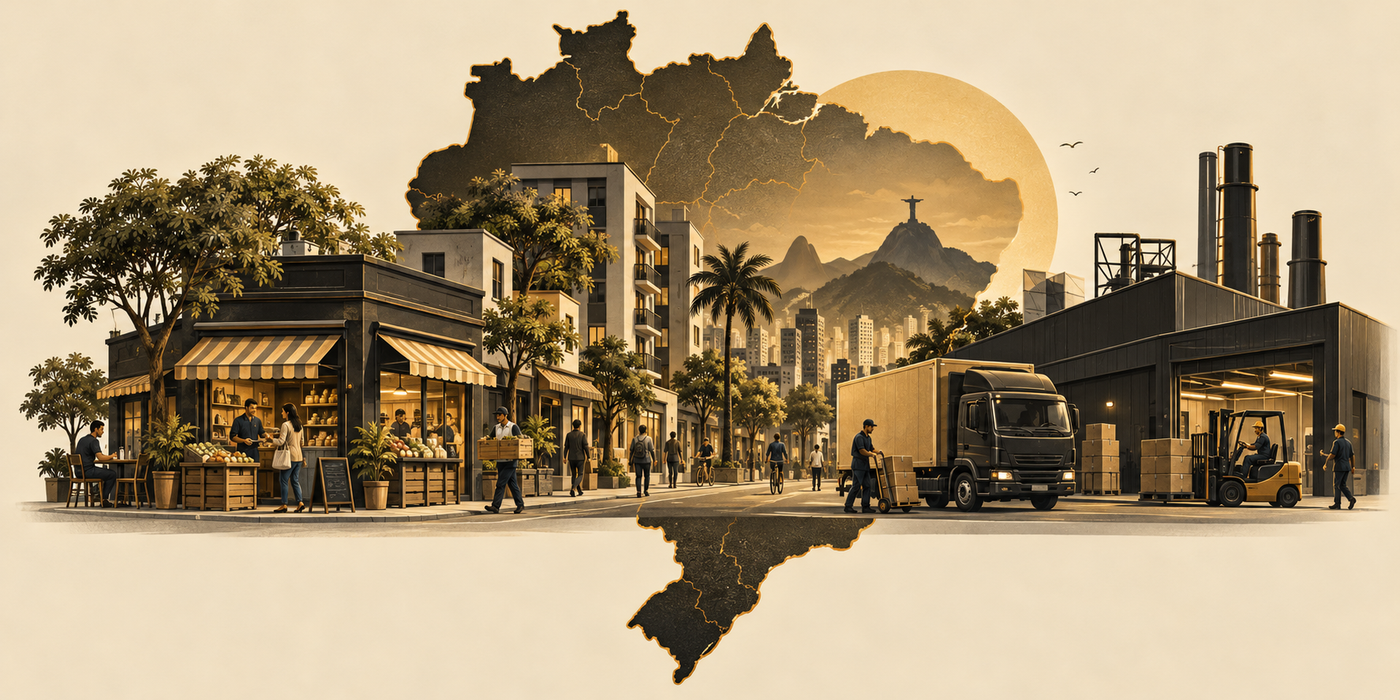 Ilustração de comércio, moradias, transporte e indústria diante do contorno do Brasil, em preto, bege e dourado.