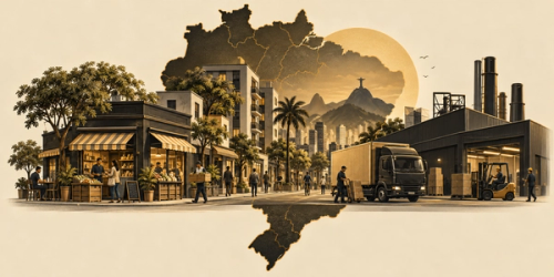 Ilustração de comércio, moradias, transporte e indústria diante do contorno do Brasil, em preto, bege e dourado.