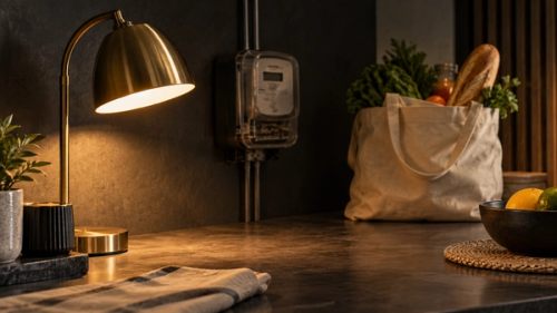 Luminária acesa diante de medidor de energia e sacola de compras em ambiente doméstico