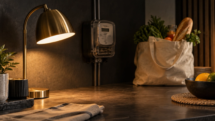 Luminária acesa diante de medidor de energia e sacola de compras em ambiente doméstico