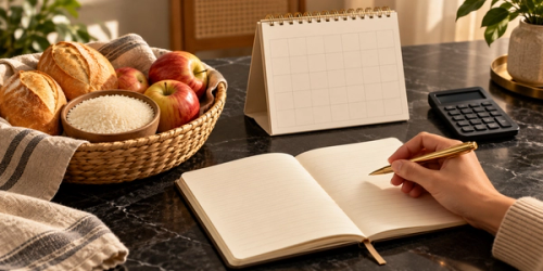 Cesta com alimentos ao lado de caderno, calendário sem datas e calculadora sobre uma mesa escura.